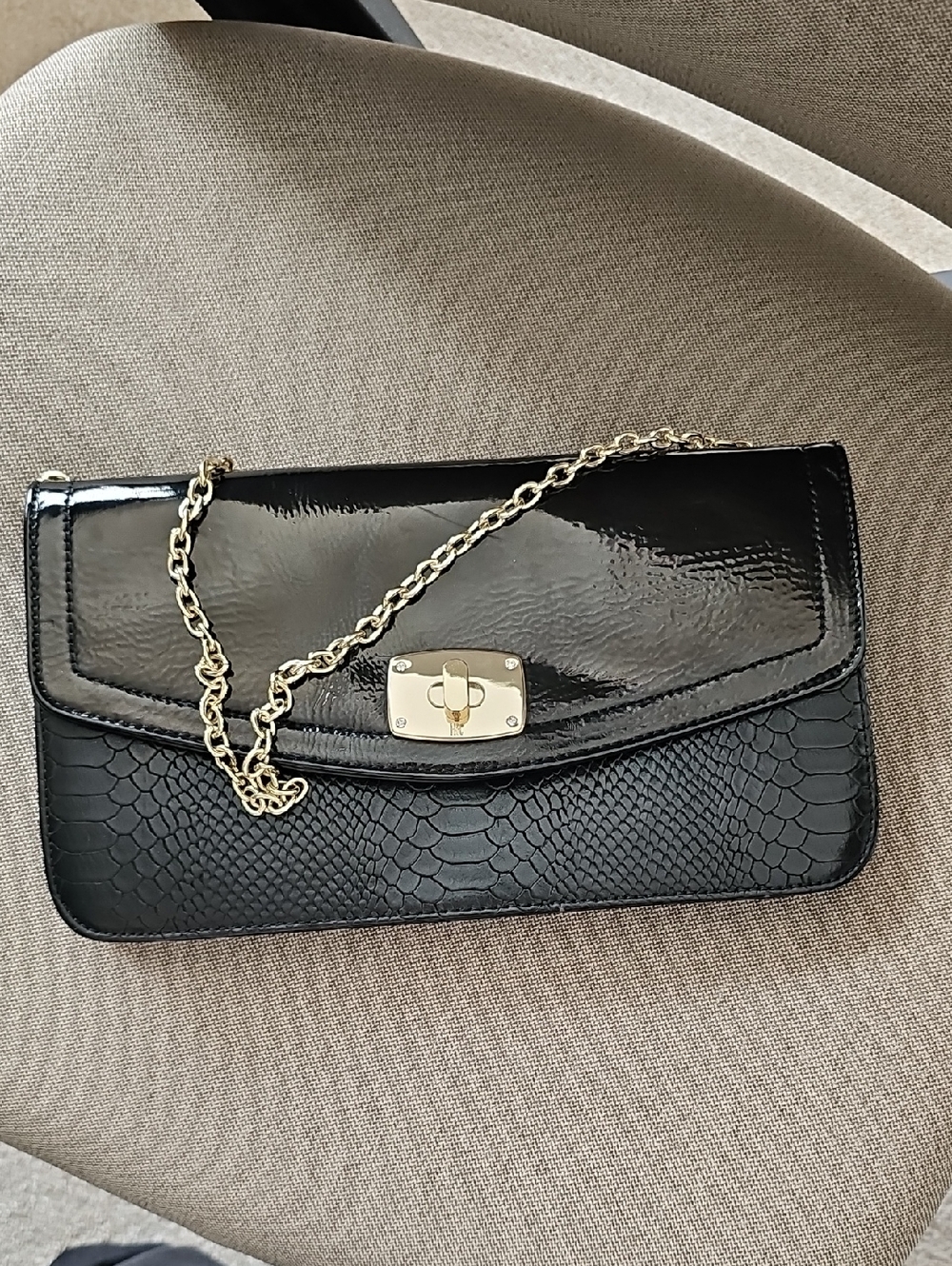 INC International Concepts “Surena” Black Faux Snakeskin Clutch Gold Chain